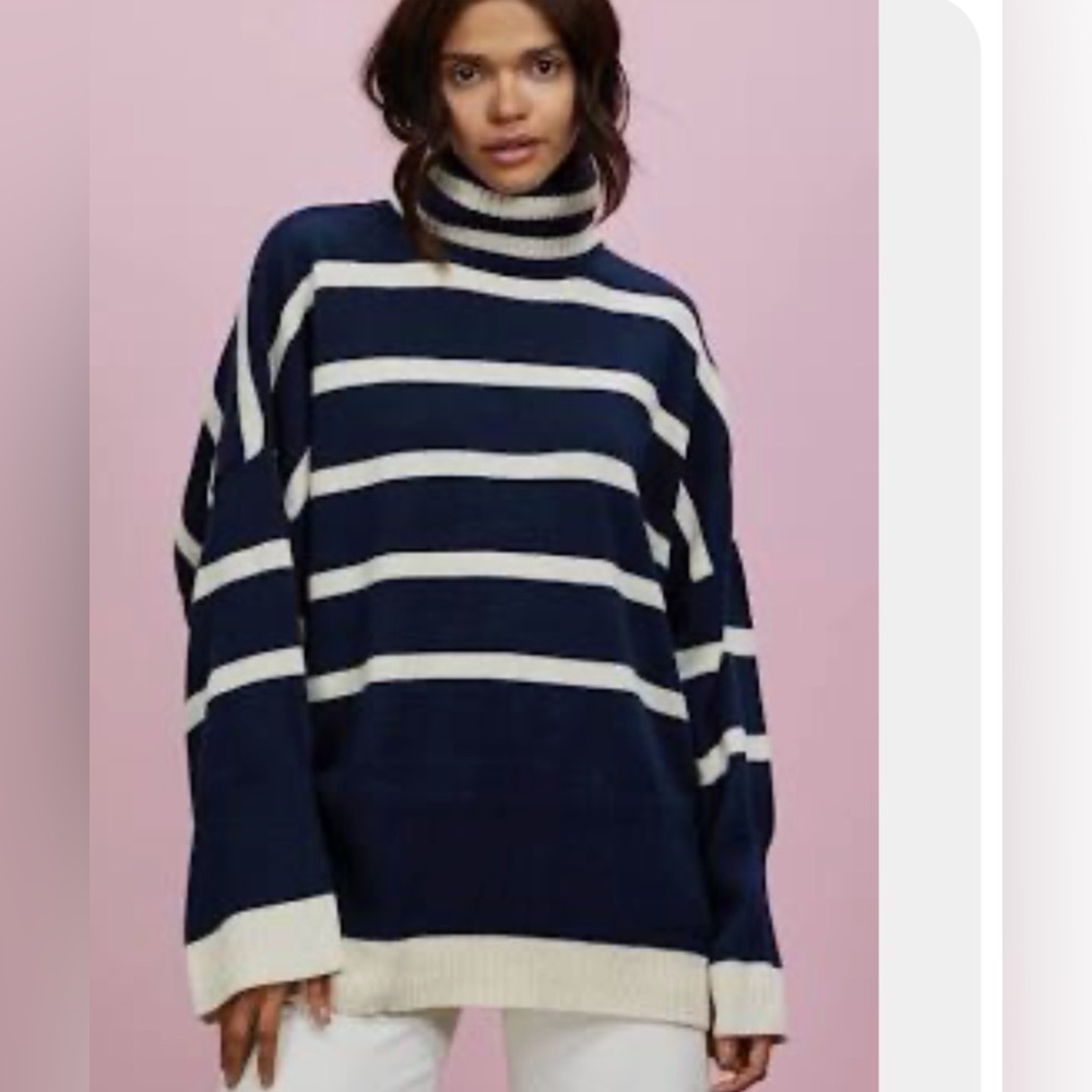 Topshop Oversized Sweater Size XS Navy White Stripe Turtleneck